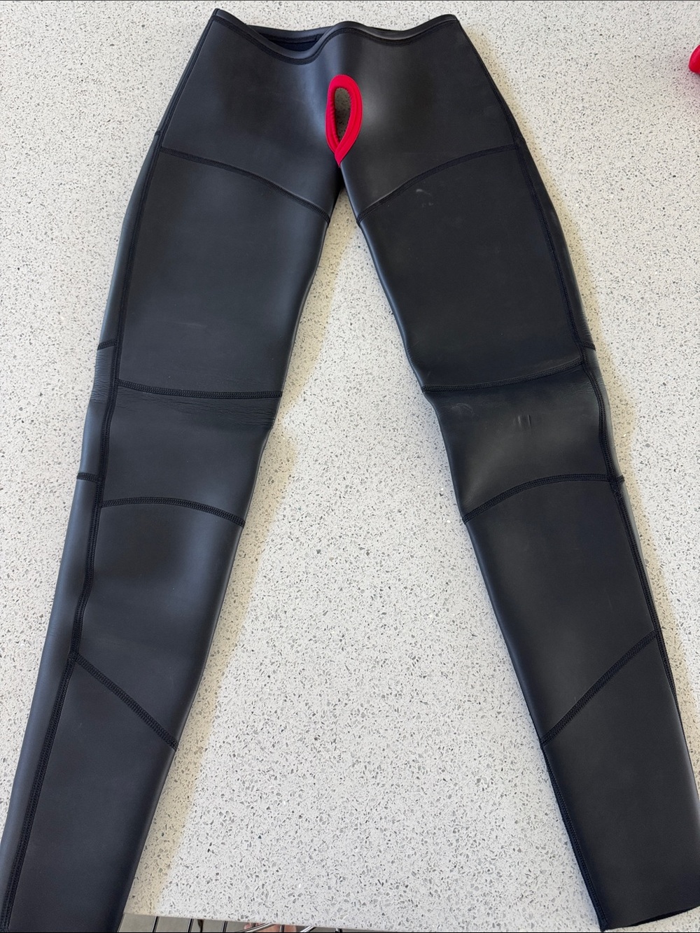 Black Neoprene Chap Pants with red accent piping